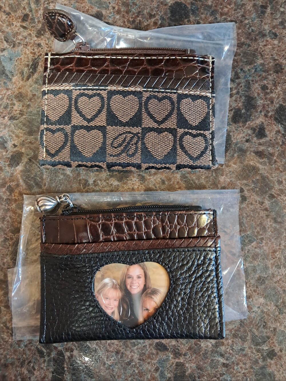 Brighton Monogram Brown Checkered Heart Coin Purse Heart Cut Out - NEW